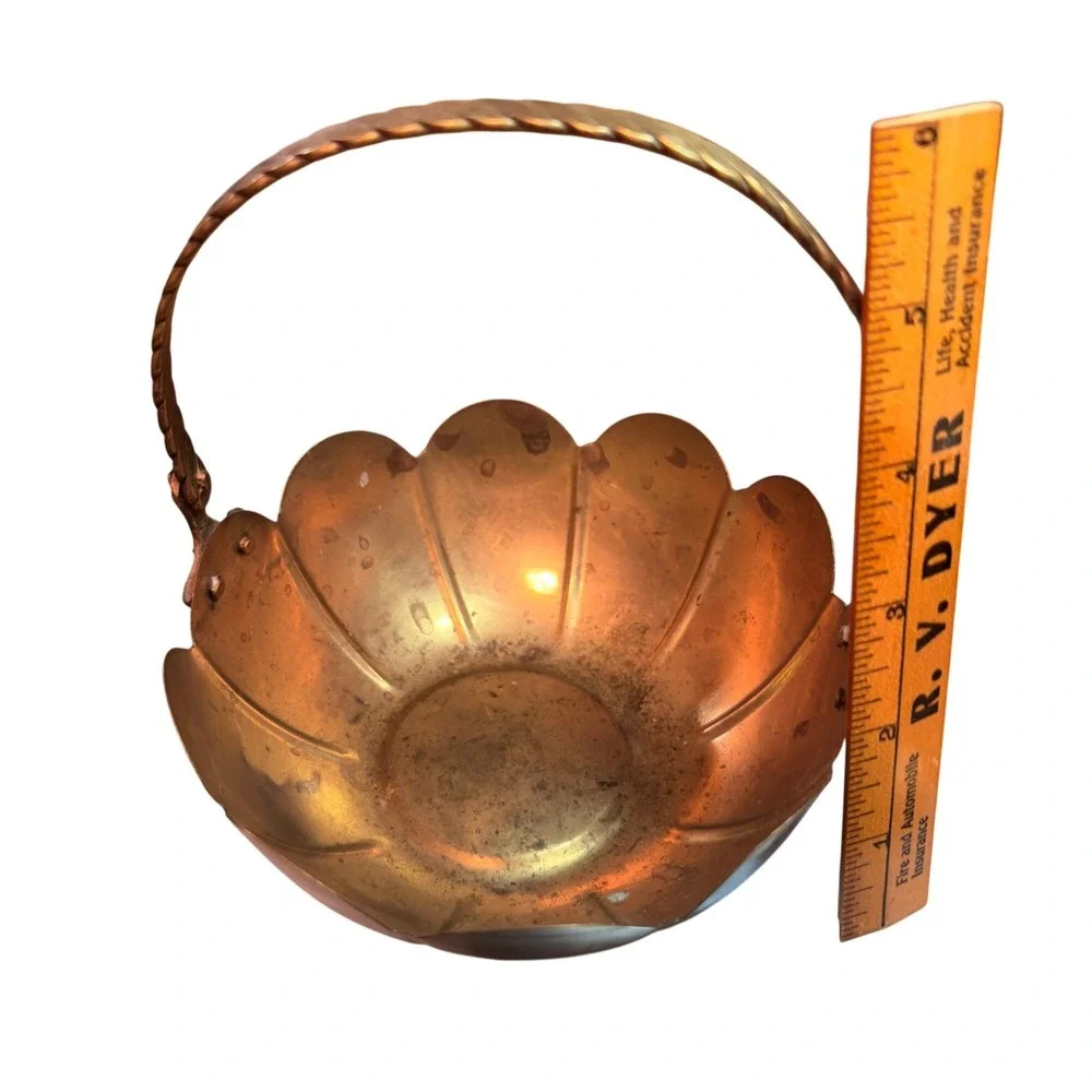 Vintage Brass Scalloped Basket With Twisted Handle Approx. 8